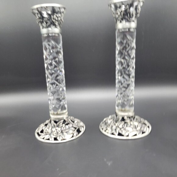 Crystal Clear Set of 2 Candlesticks Rose Design Candle Holders 8.5" - Picture 4 of 13